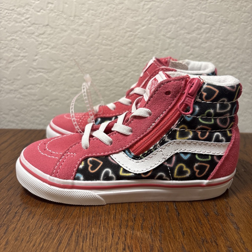 Vans Sk8-Hi Shoes US Toddlers Size 10 Pink Neon Hearts High Top Skate Sneakers